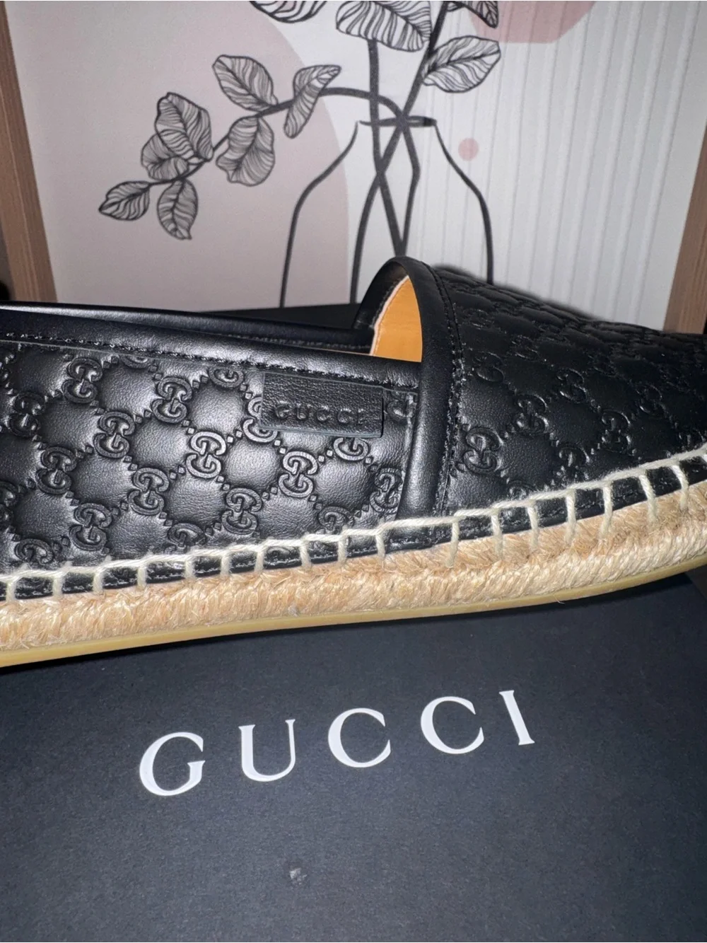 Gucci Black Leather Espadrille Slip-On Mules